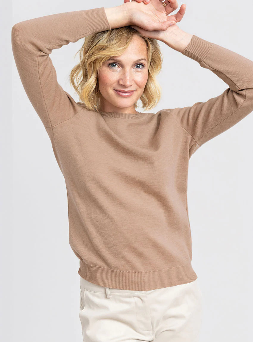 Pull femme en laine mérinos col rond beige