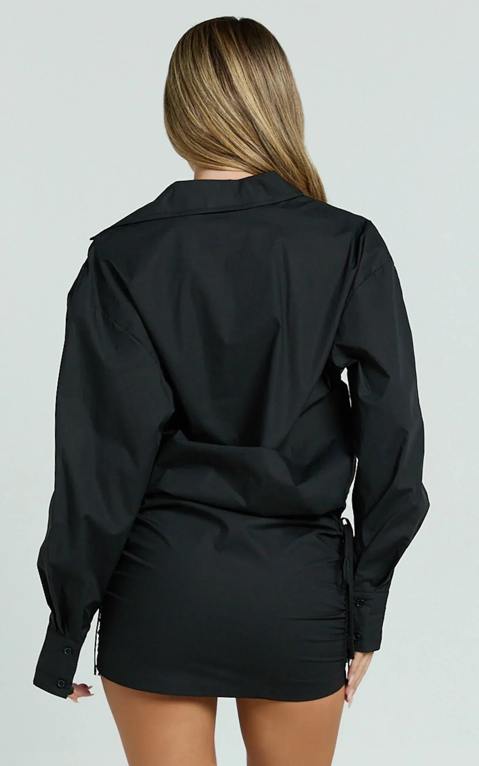 Avalon Mini Dress - Button Up Ruched Shirt Dress in Black