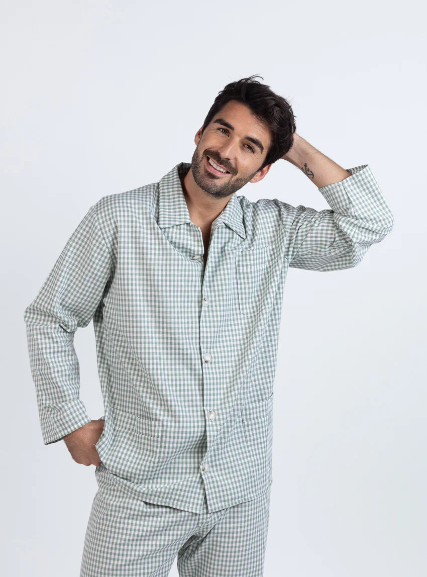 Pyjama homme en coton carreaux vert sauge