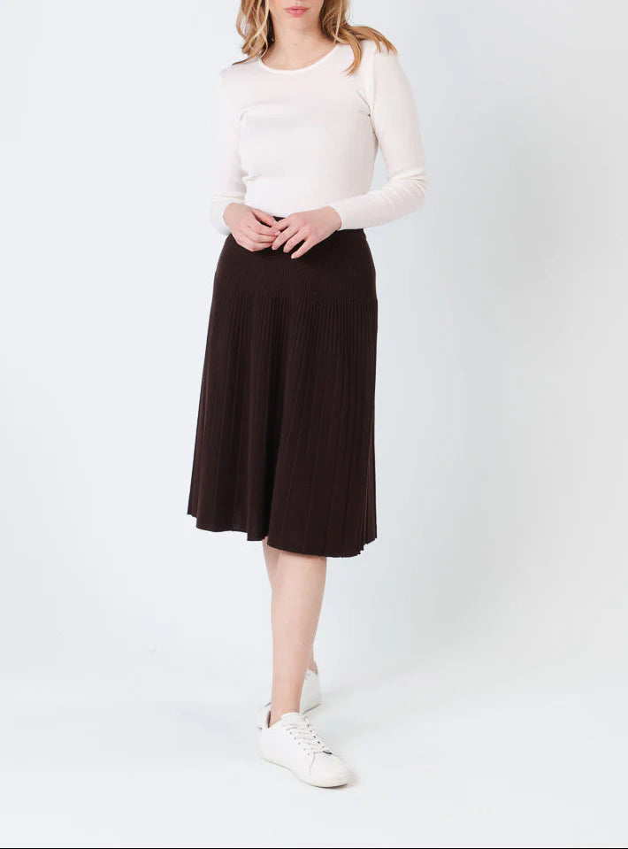 Jupe plissée midi en laine marron chocolat