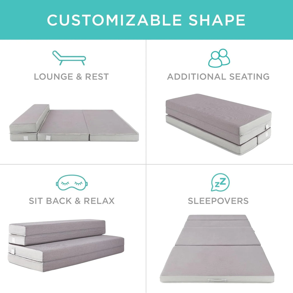 Best Choice Products 4in Portable Queen-Size Mattress, Tri-Fold Mattress for Camping, Guest, Toddler, Foam Plush w/Carry Case - Grey