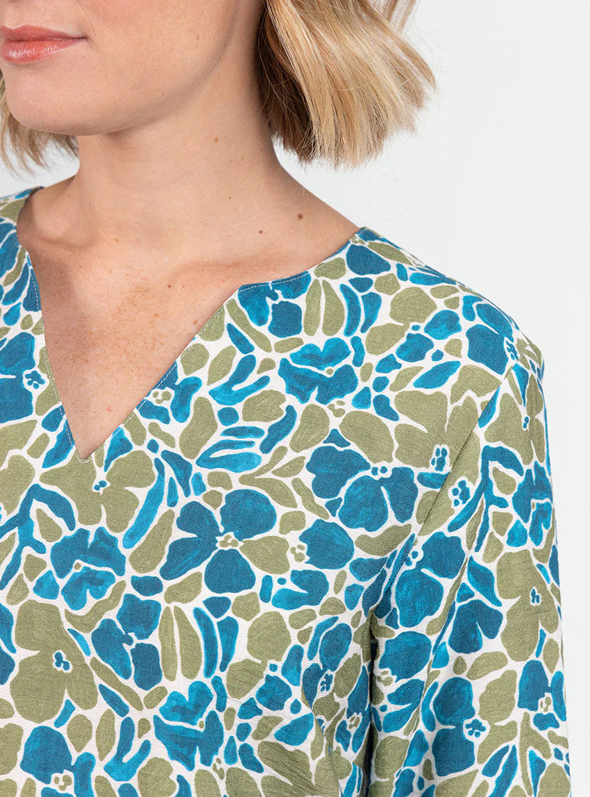 Blouse femme viscose floral bleu paon