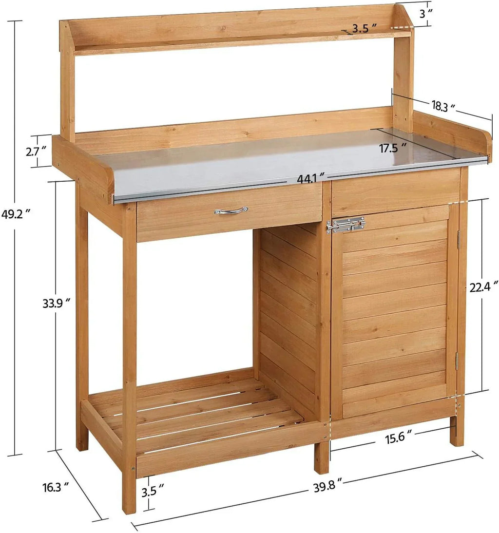 Yaheetech Outdoor Garden Potting Bench Table Work Bench Metal Tabletop Cabinet Drawer