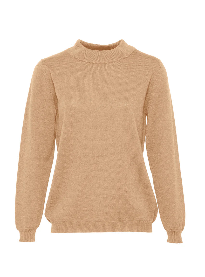 Pull femme col cheminée laine mérinos beige chaud