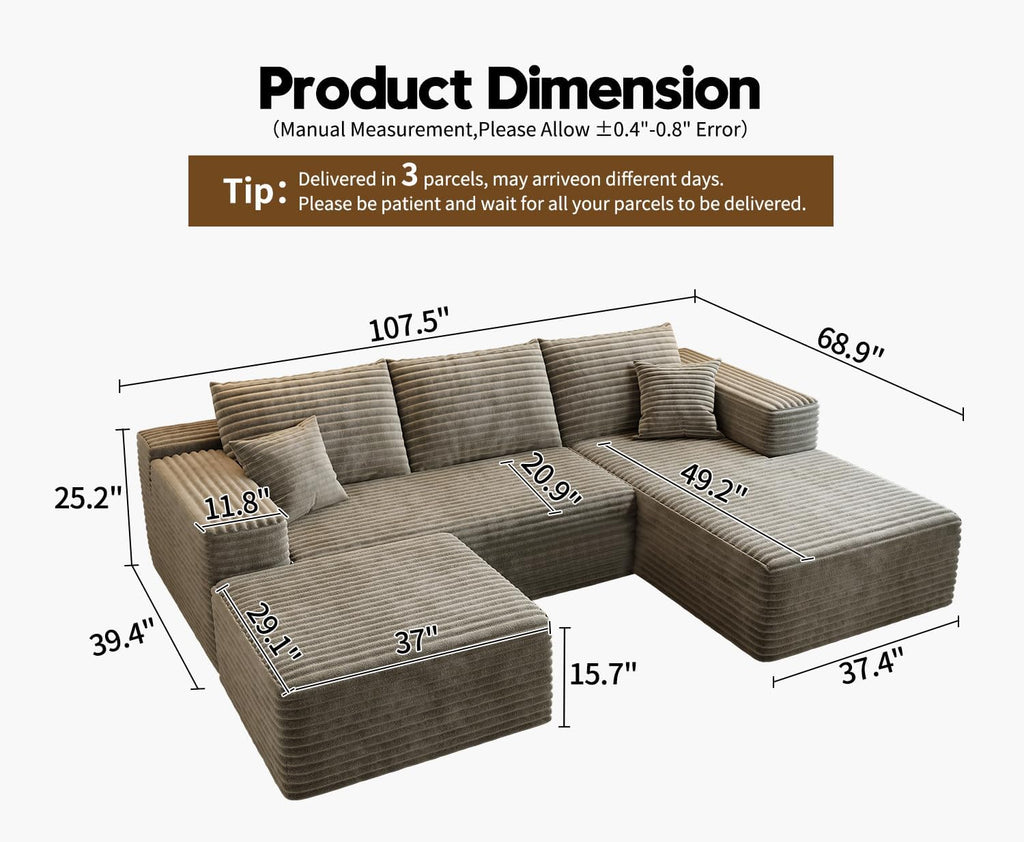 107.5 Cloud Modular Sectional Sofa Couch with L-Shape Chaise,Modern Minimalist Upholstered Couches for Living Room Bedroom,Deep Seat Corner Couch，No Assembly Required (Black,Left Facing Chaise)