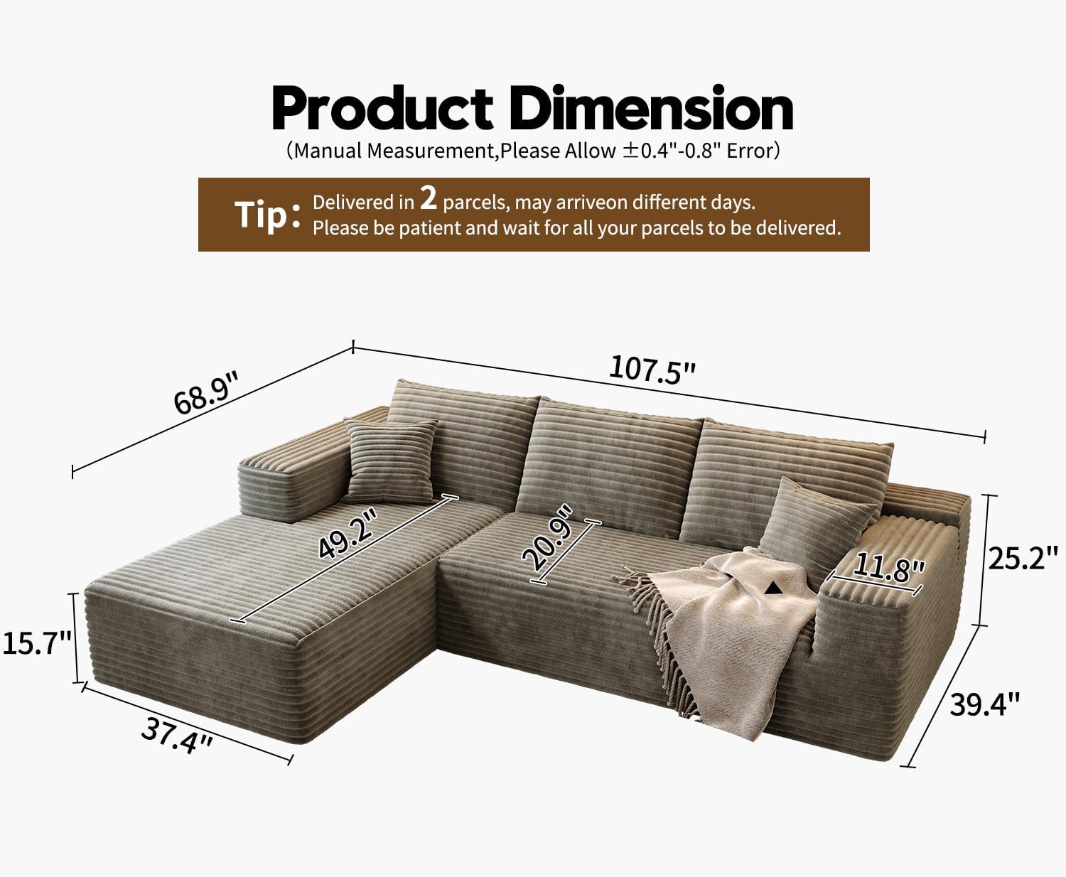 107.5 Cloud Modular Sectional Sofa Couch with L-Shape Chaise,Modern Minimalist Upholstered Couches for Living Room Bedroom,Deep Seat Corner Couch，No Assembly Required (Black,Left Facing Chaise)