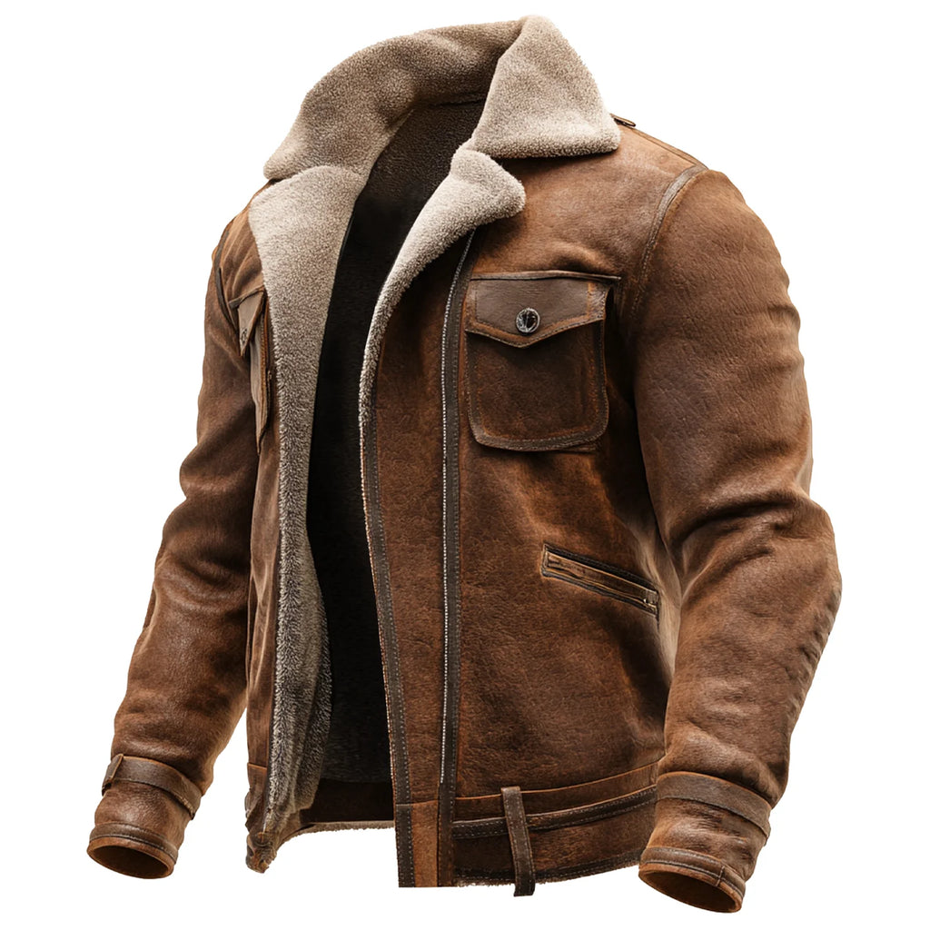 Veste en Cuir Marron Vintage avec Doublure en Fourrure Synthétique
