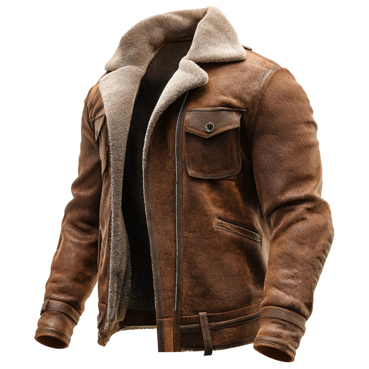 Veste en Cuir Marron Vintage avec Doublure en Fourrure Synthétique