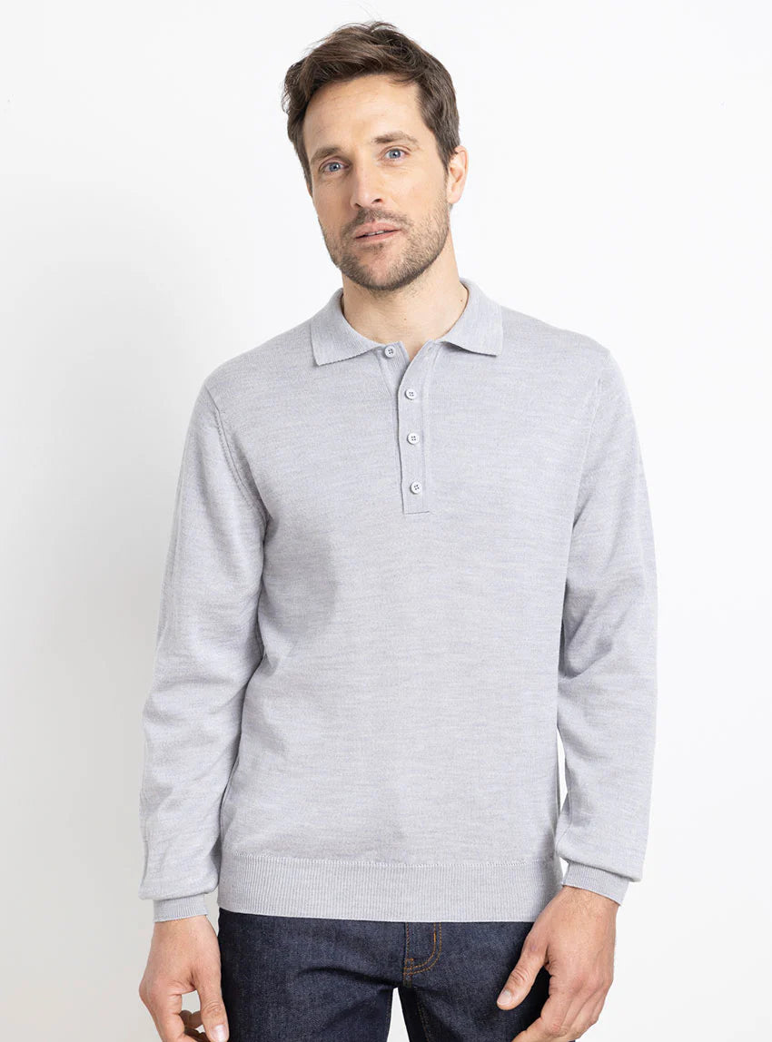 Pull homme col polo en laine gris givré