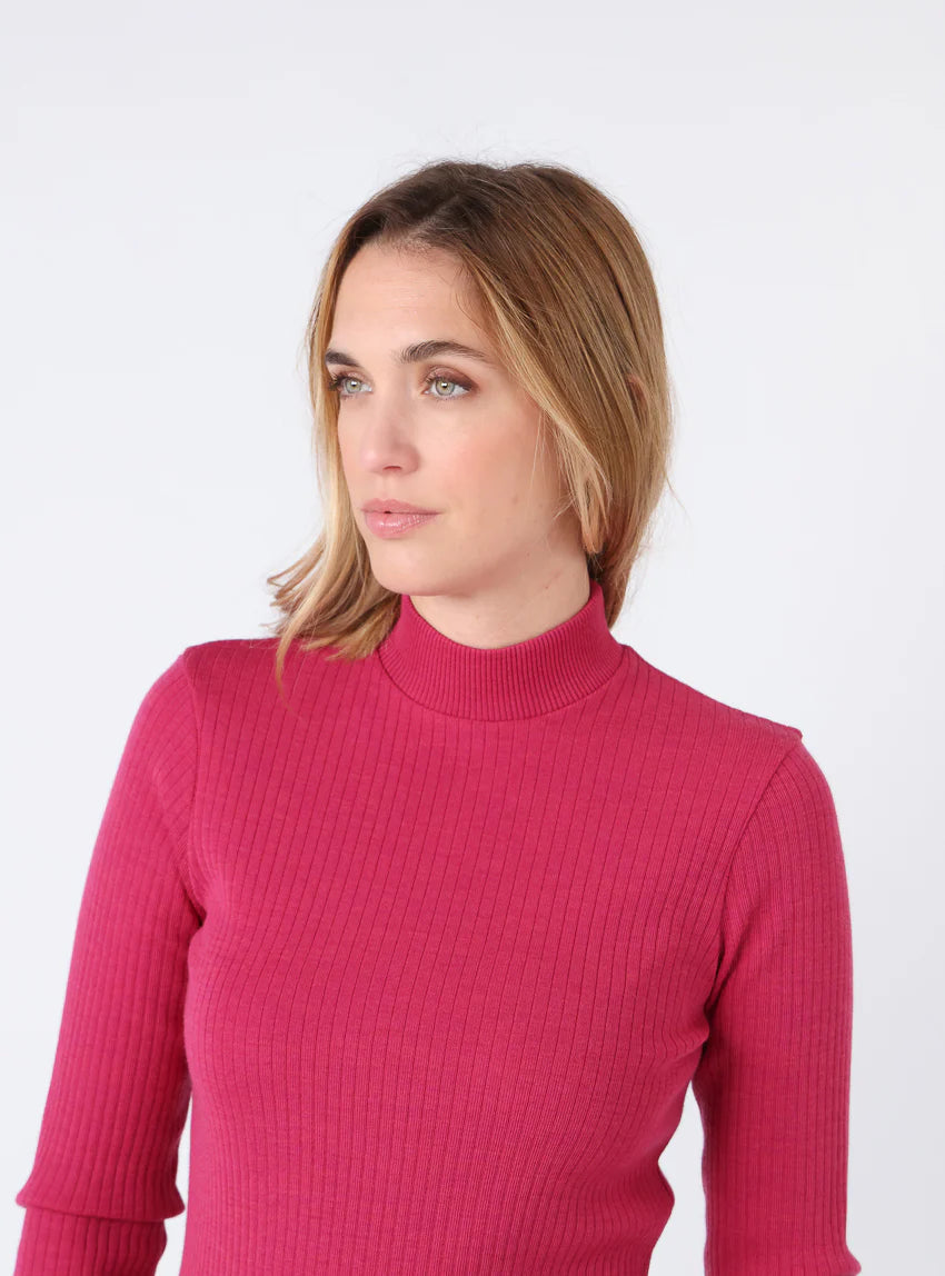 Pull chaussette femme col cheminee laine mérinos Rose géranium
