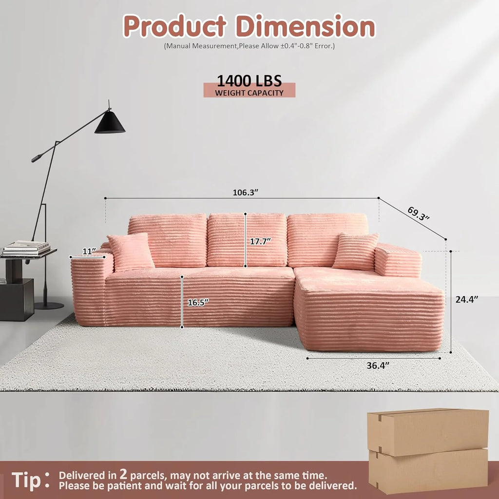 ovios 104 Cloud Sectional Couch with L-Shape Chaise,Modern Modular Sofa with Deep Seat, Upholstered Couches for Living Room Bedroom,No Assembly Required, Grey (Plush Corduroy Fabric)