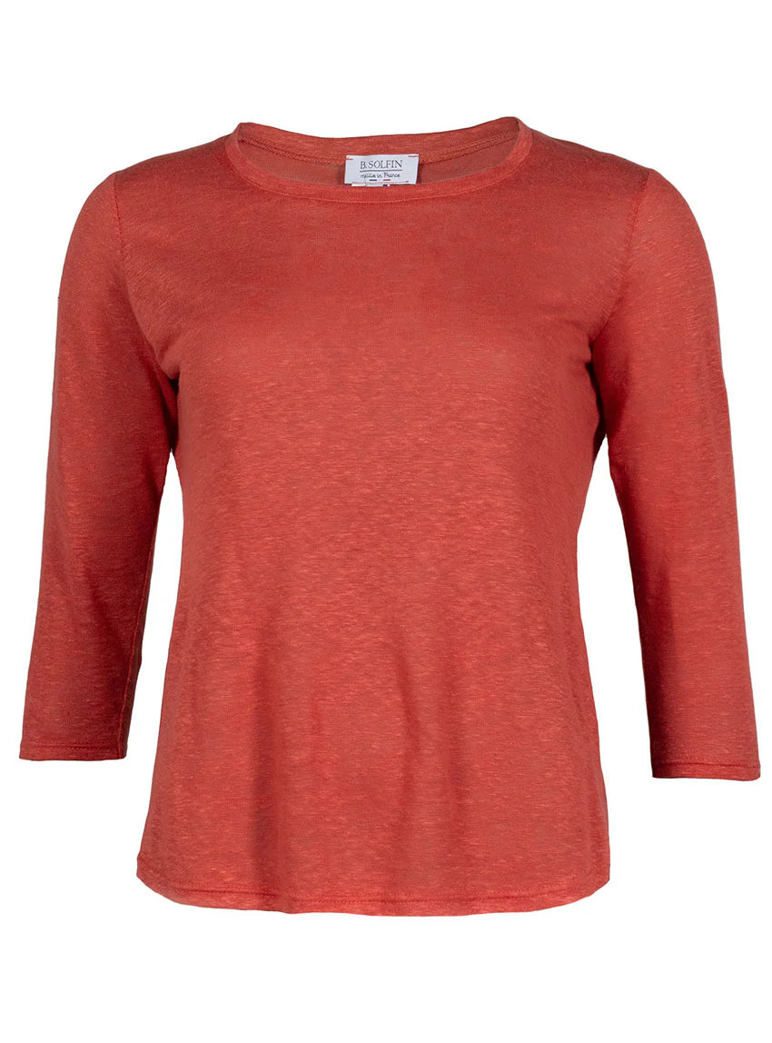 Tee-shirt femme en lin manches 3/4 orange épicé