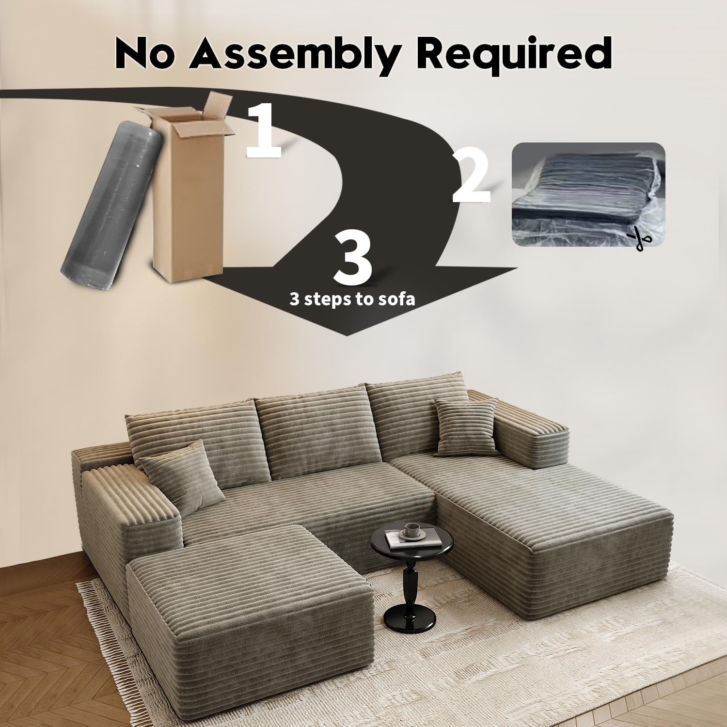 107.5 Cloud Modular Sectional Sofa Couch with L-Shape Chaise,Modern Minimalist Upholstered Couches for Living Room Bedroom,Deep Seat Corner Couch，No Assembly Required (Black,Left Facing Chaise)