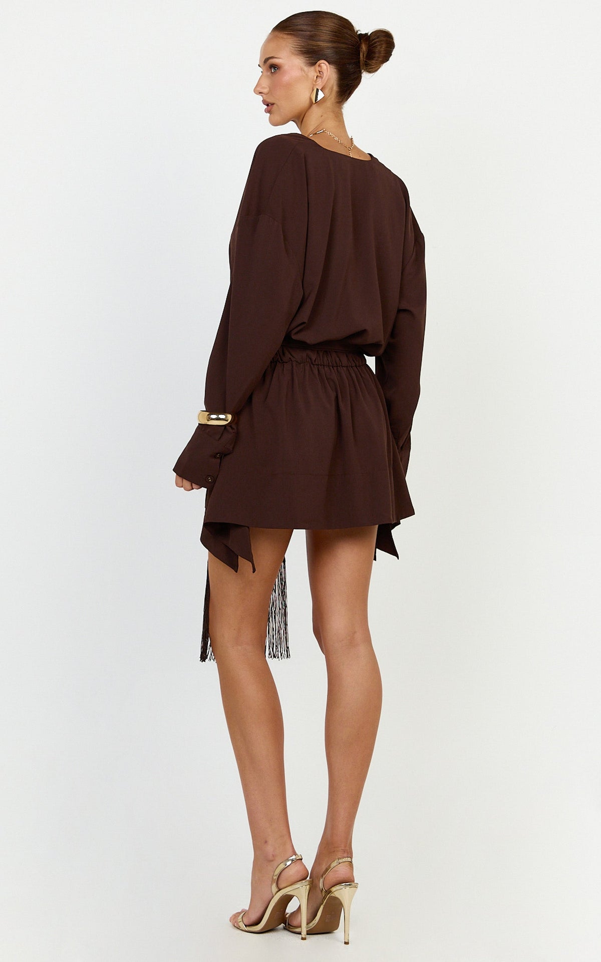 Ariette Mini Dress - Plunge Neck Fringe Detail Belt Dress in Chocolate