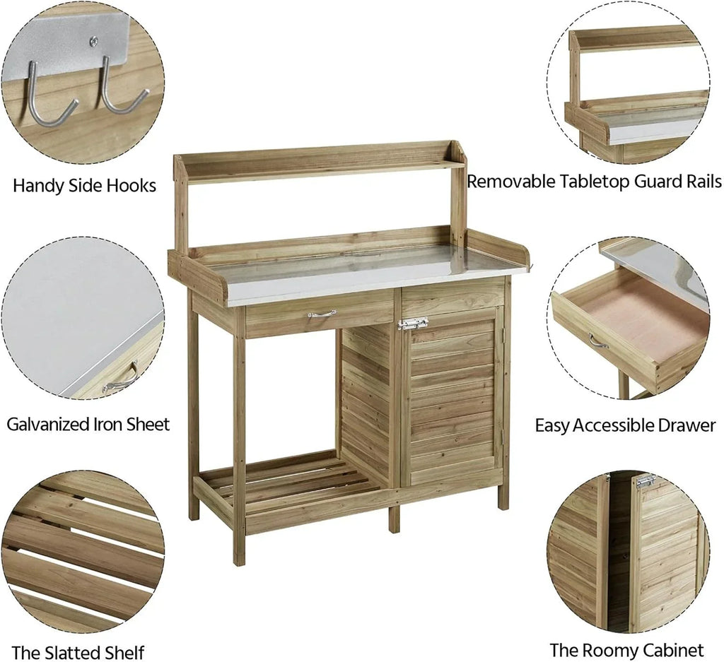 Yaheetech Outdoor Garden Potting Bench Table Work Bench Metal Tabletop Cabinet Drawer