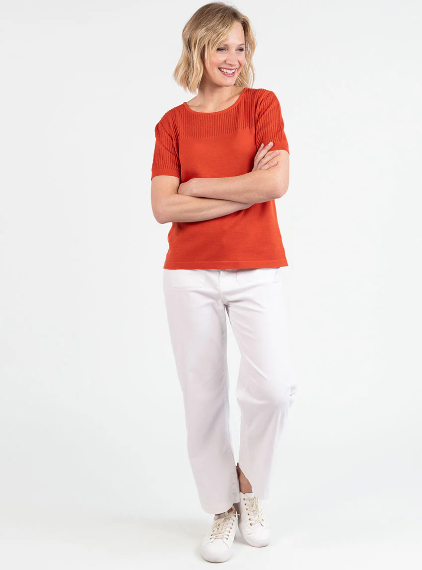 Pull femme manches courtes coton orange terracotta