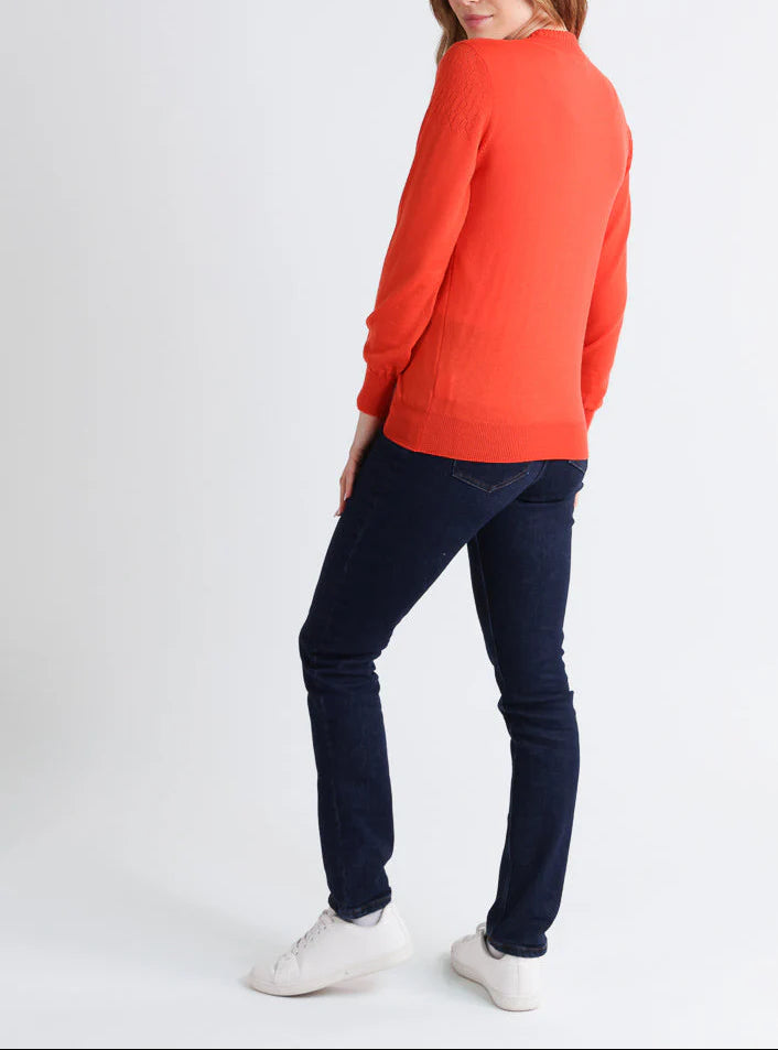 Pull femme col et maille fantaisie en laine mérinos orange