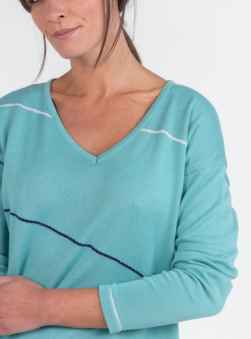 Pull femme col V en coton vert