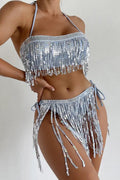 Blue Sparkly Halter Silver Sequin Fringe Sexy 2Pc Swimsuit Bikini