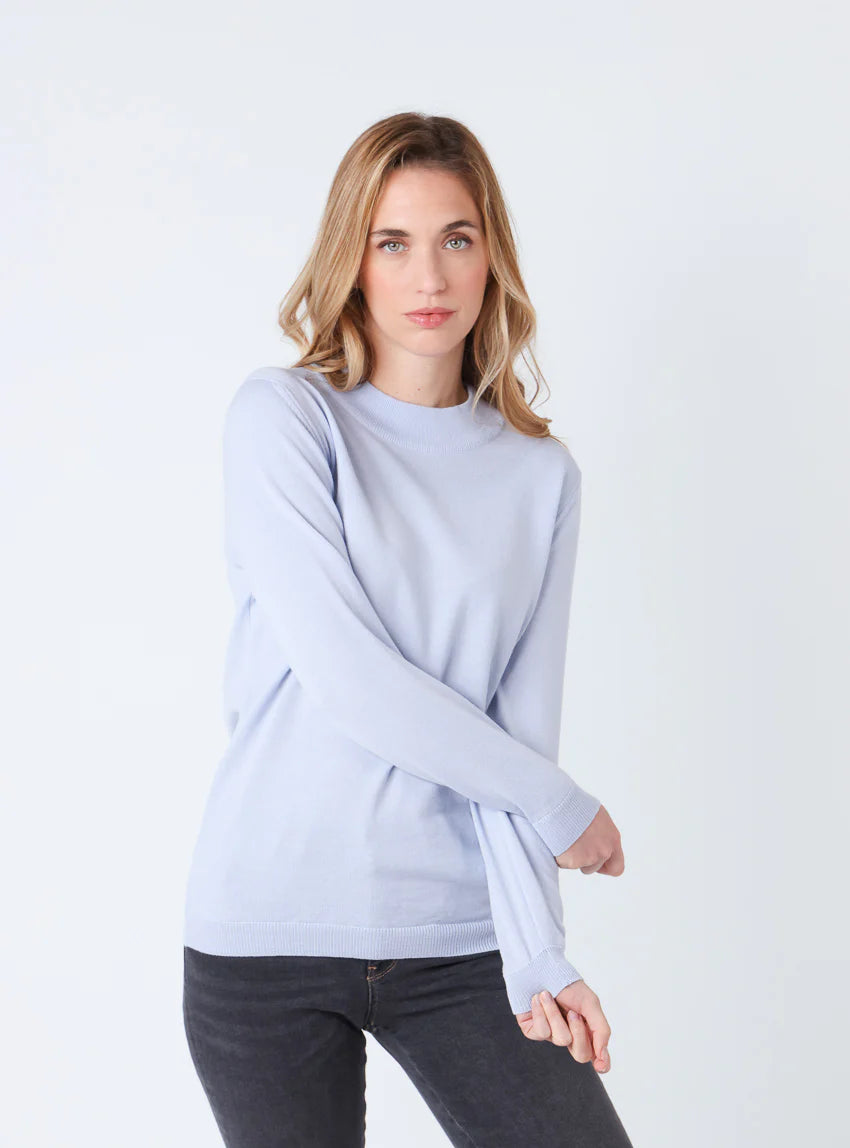 Pull femme col cheminée en laine mérinos Bleu Ciel Léger