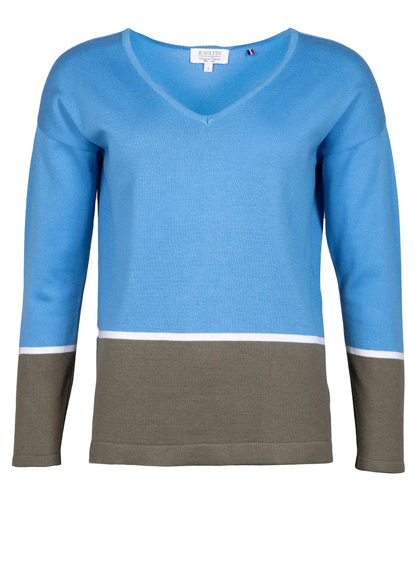 Pull femme col V coton bleu pacifique