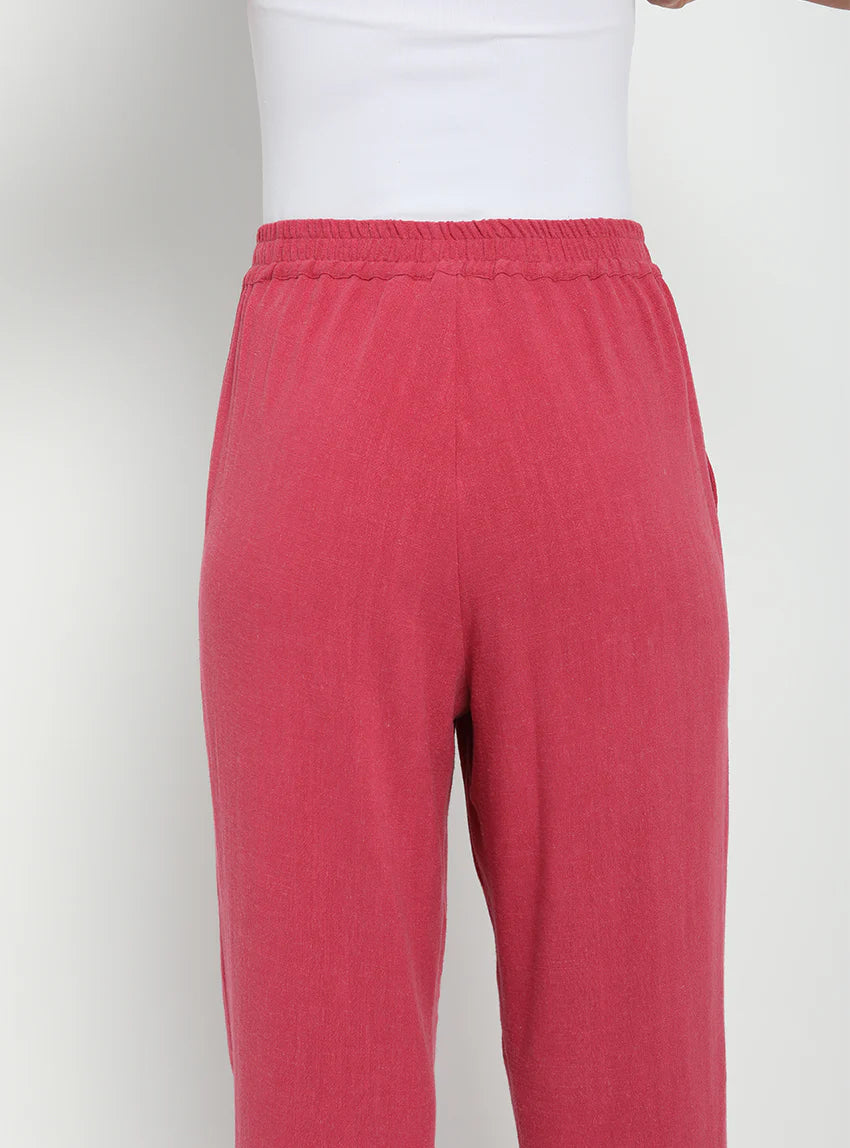 Pantacourt fluide femme en lin rose magenta