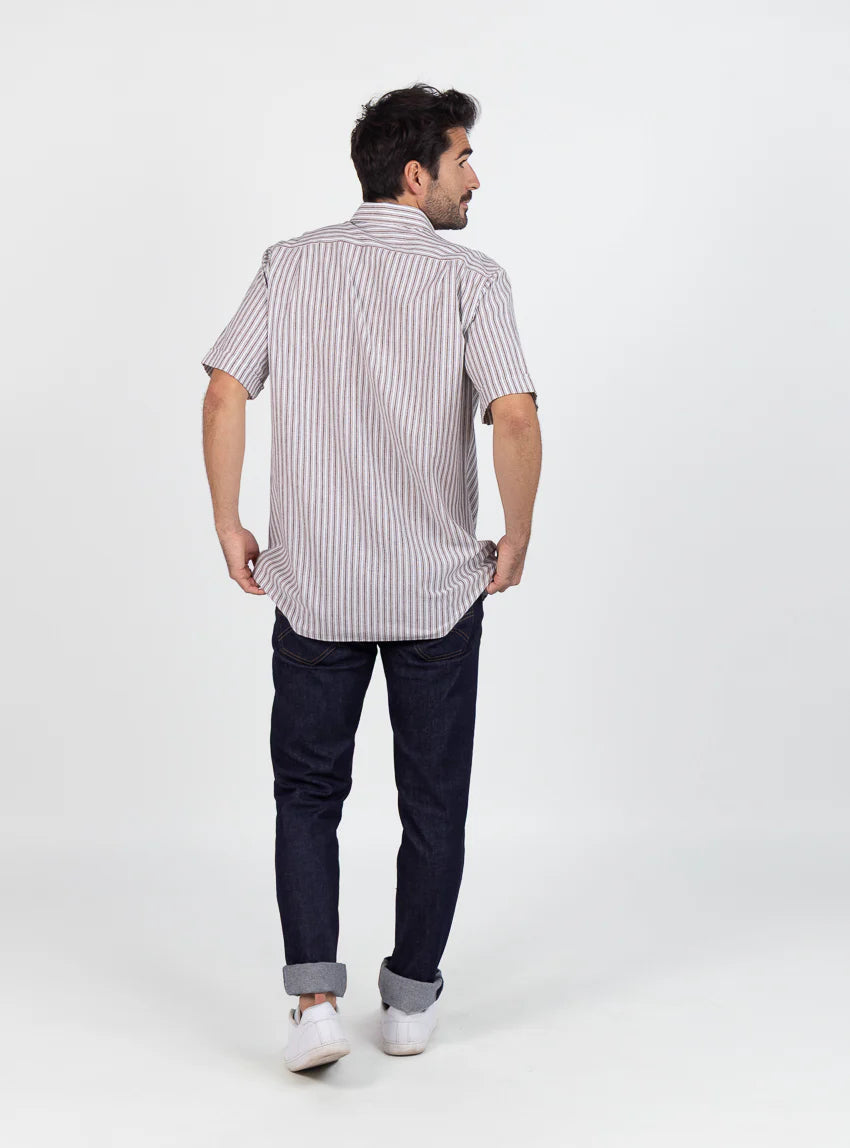 Chemise estivale homme coton rayé marron