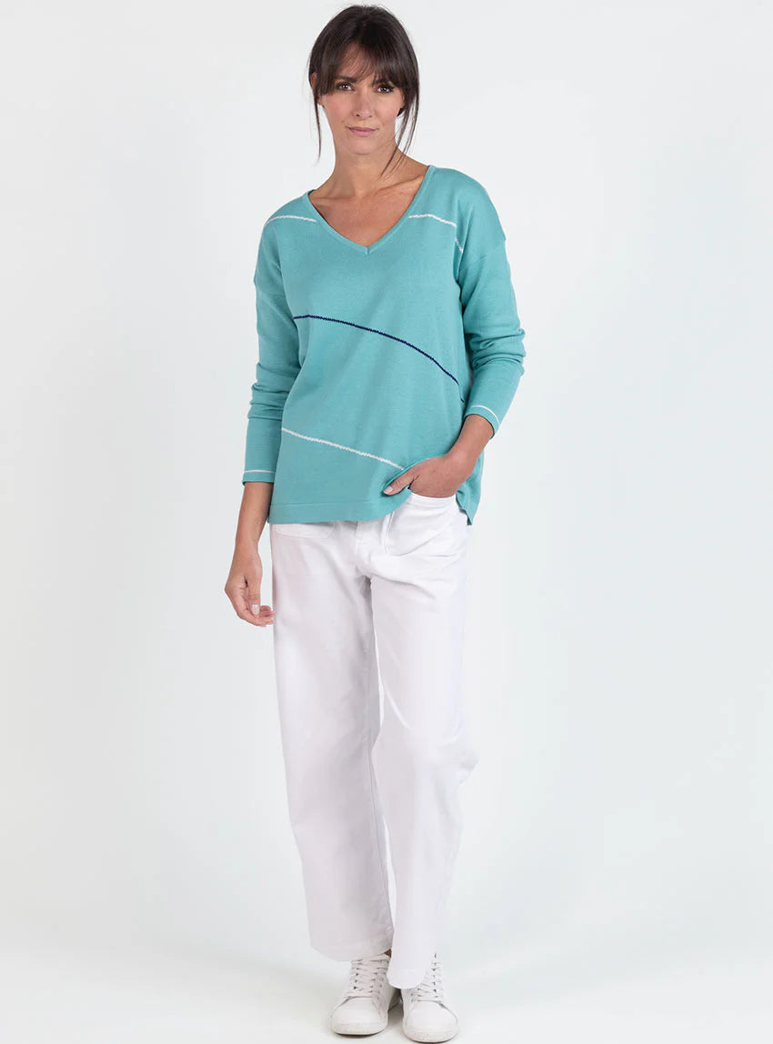 Pull femme col V en coton vert