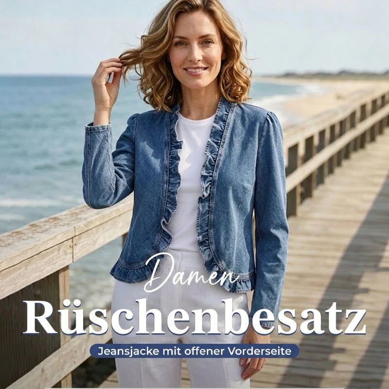 Veste en jean pour femmes avec bordure à volants et devant ouvert