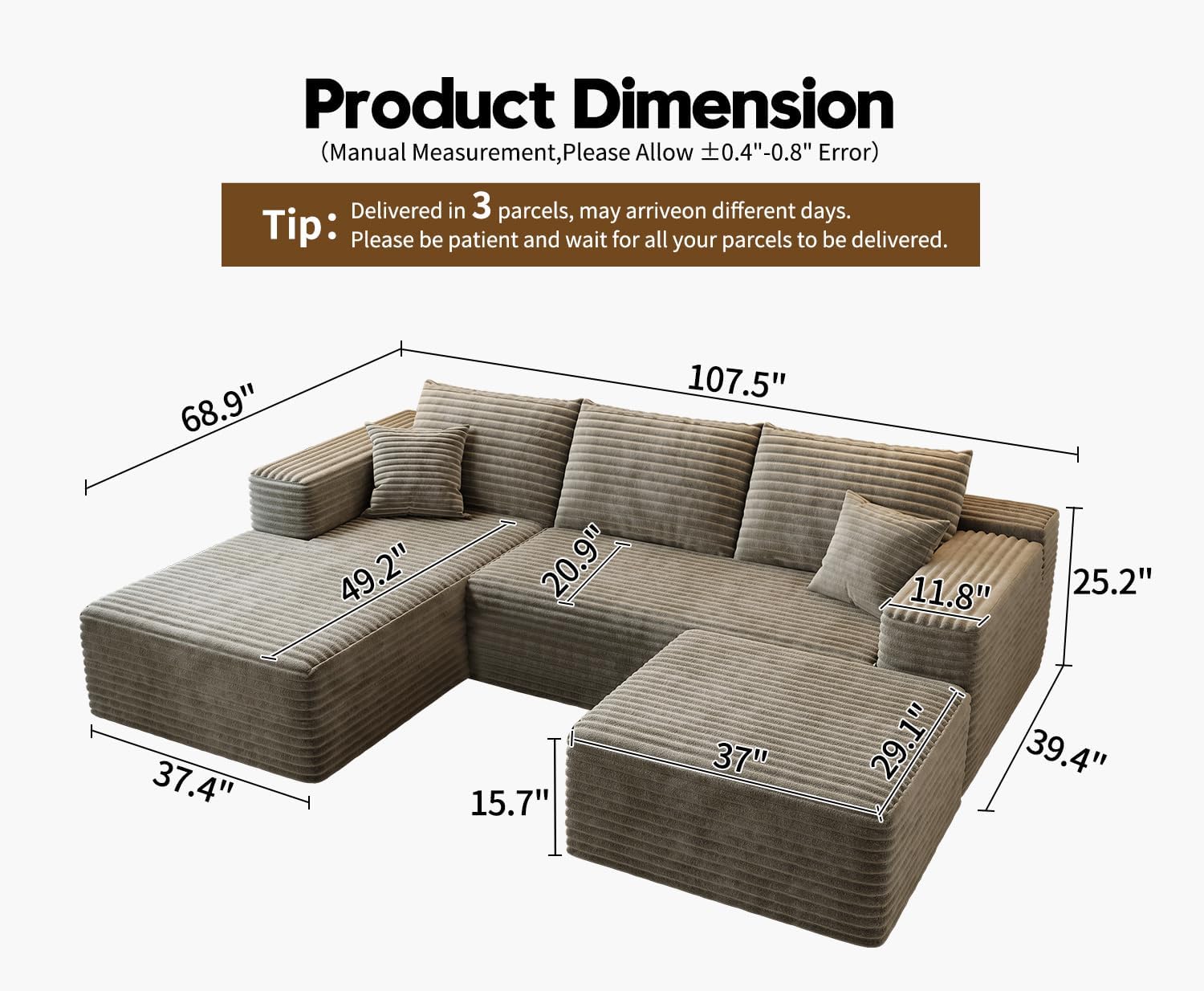 107.5 Cloud Modular Sectional Sofa Couch with L-Shape Chaise,Modern Minimalist Upholstered Couches for Living Room Bedroom,Deep Seat Corner Couch，No Assembly Required (Black,Left Facing Chaise)