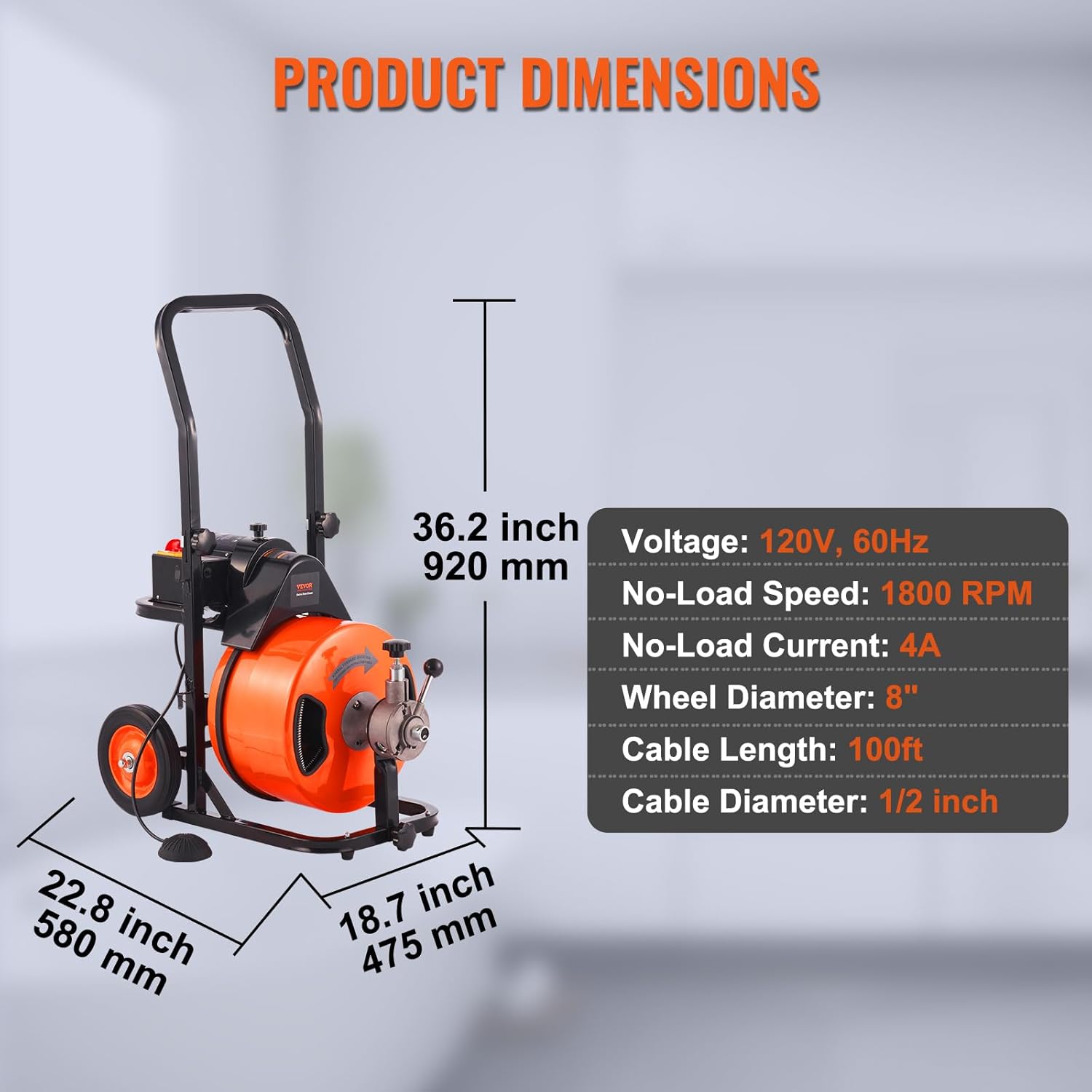 2025 Drain Cleaner Machine 100FT x 1/2Inch, Auto Feed Sewer Snake Auger with 4 Cutter & Air-activated Foot Switch for 1 to 4 Pipes, Orange, Black