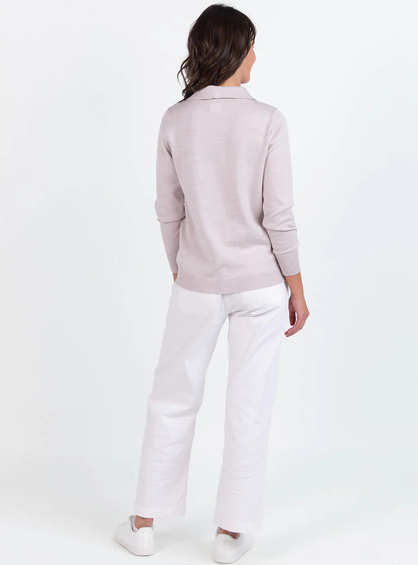 Pull femme col polo en laine beige naturel