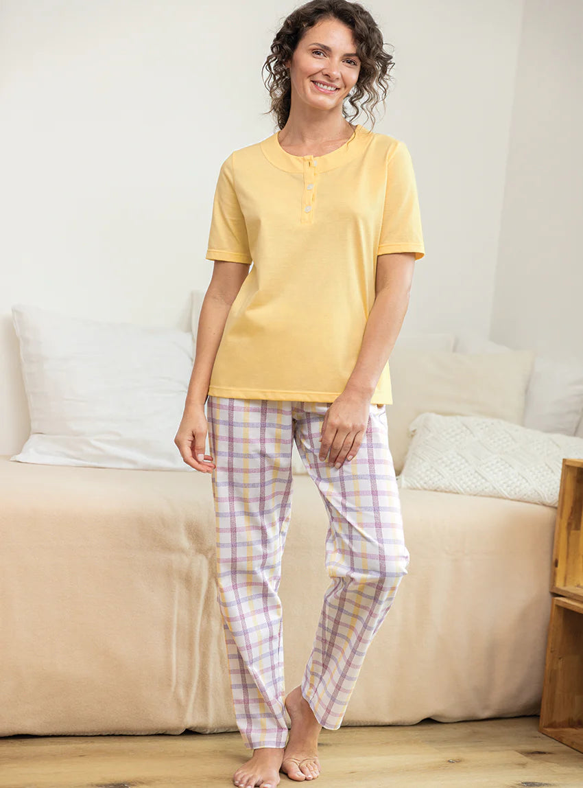 Pyjama femme col rond en coton jaune