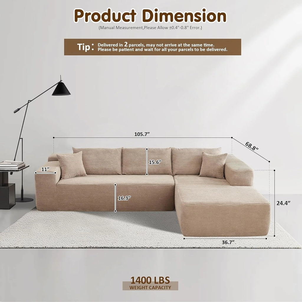 ovios 104 Cloud Sectional Couch with L-Shape Chaise,Modern Modular Sofa with Deep Seat, Upholstered Couches for Living Room Bedroom,No Assembly Required, Grey (Plush Corduroy Fabric)
