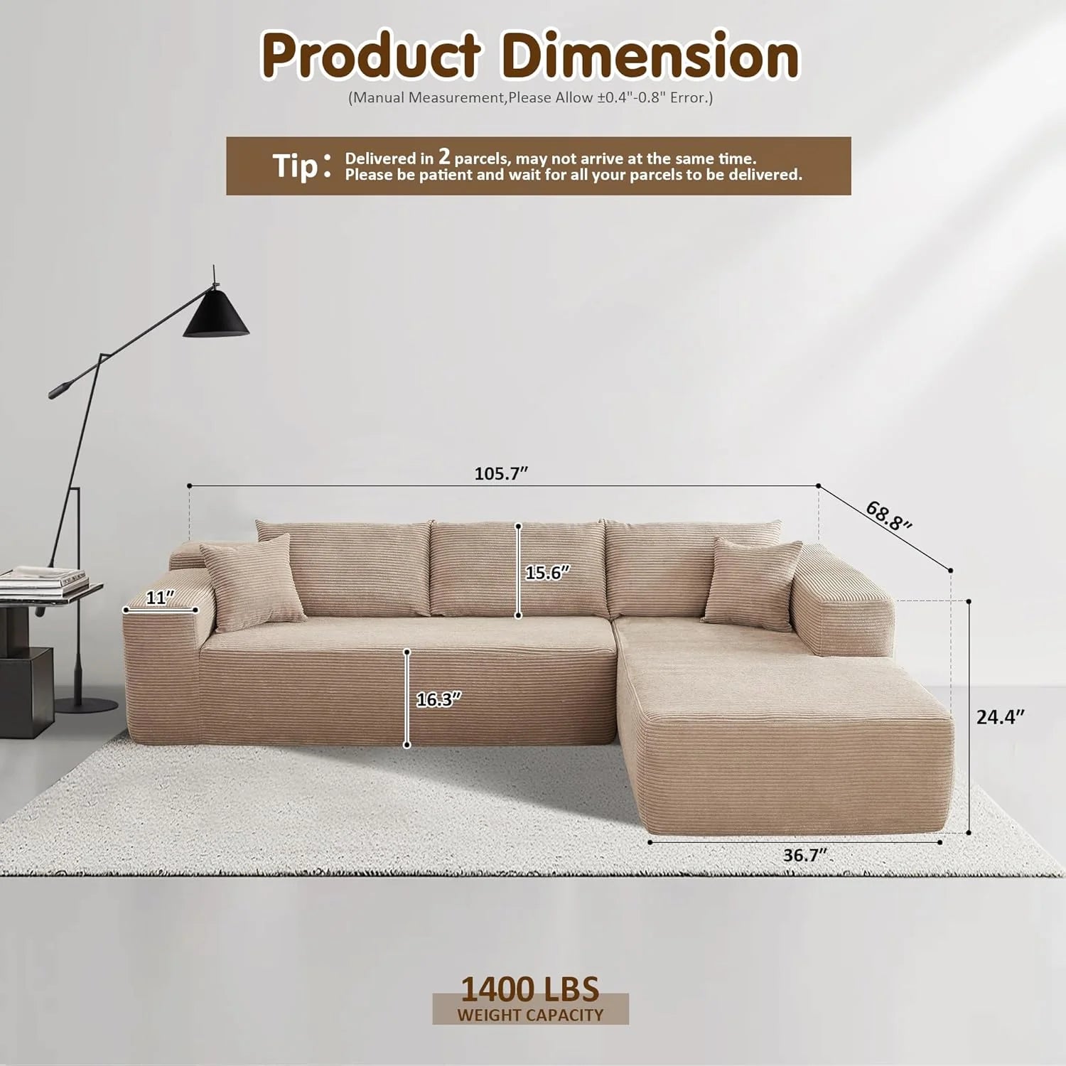 ovios 104 Cloud Sectional Couch with L-Shape Chaise,Modern Modular Sofa with Deep Seat, Upholstered Couches for Living Room Bedroom,No Assembly Required, Grey (Plush Corduroy Fabric)