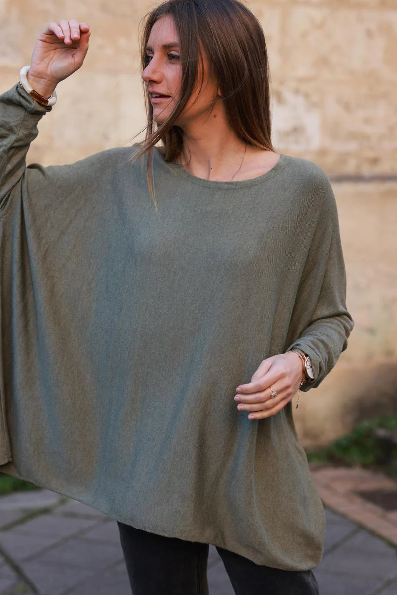 Pull large kaki manches chauve souris