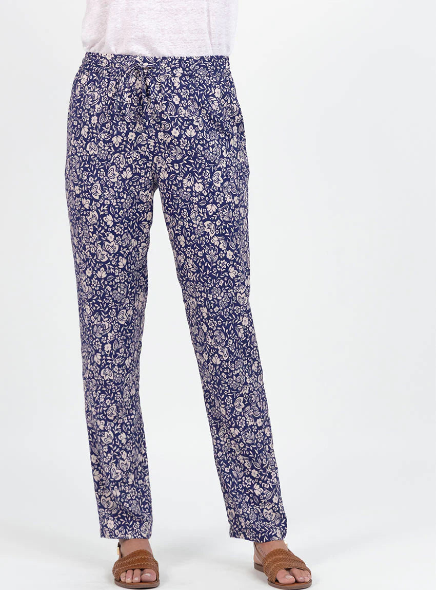 Pantalon femme en viscose imprimé bouquet bleu
