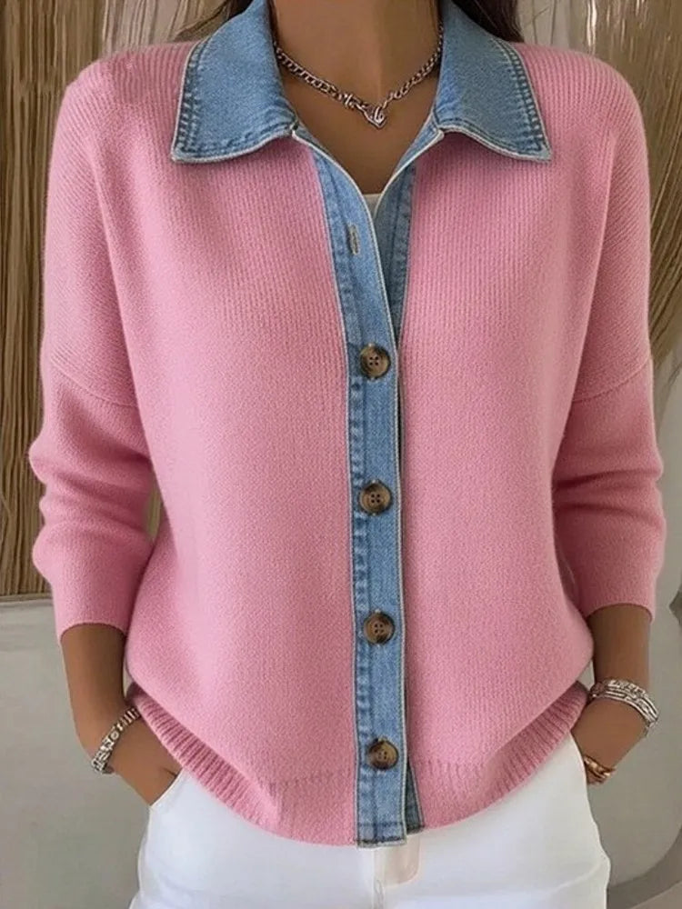 Pull en maille avec col en jean effet superposé