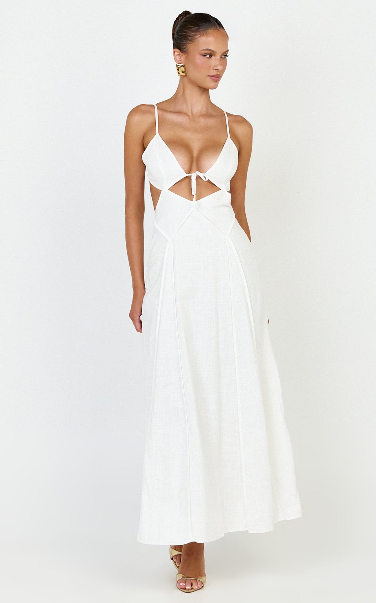 Grace Midi Dress - Strappy Cutaway with Godet Detail Dress in White