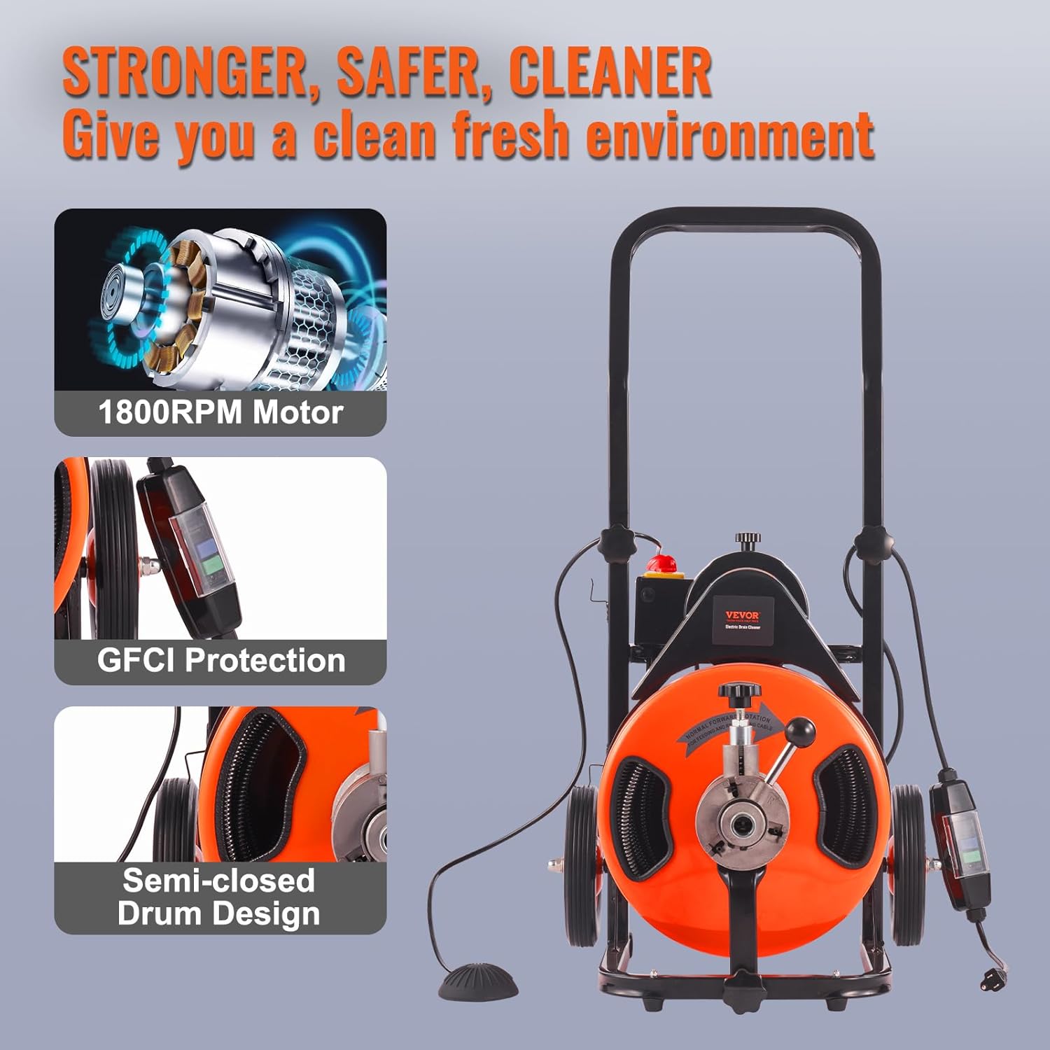 2025 Drain Cleaner Machine 100FT x 1/2Inch, Auto Feed Sewer Snake Auger with 4 Cutter & Air-activated Foot Switch for 1 to 4 Pipes, Orange, Black