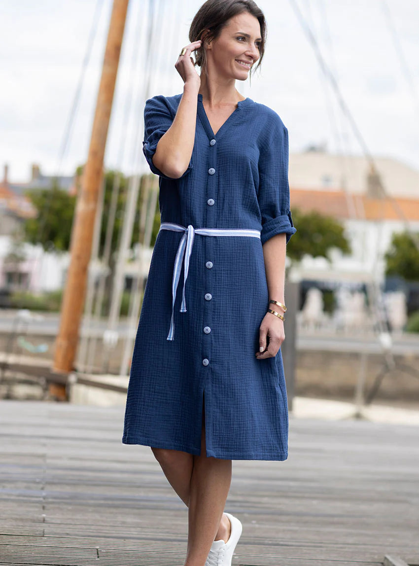 Robe femme en gaze de coton bleu indigo