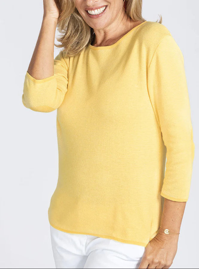 Pull femme en coton col rond jaune