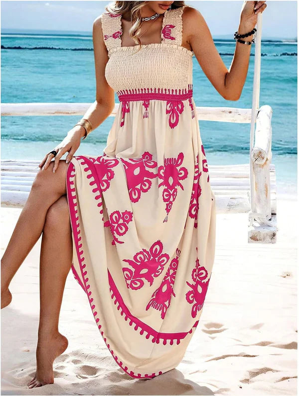 Robe Maxi Smockée à Imprimé Géométrique Artistique