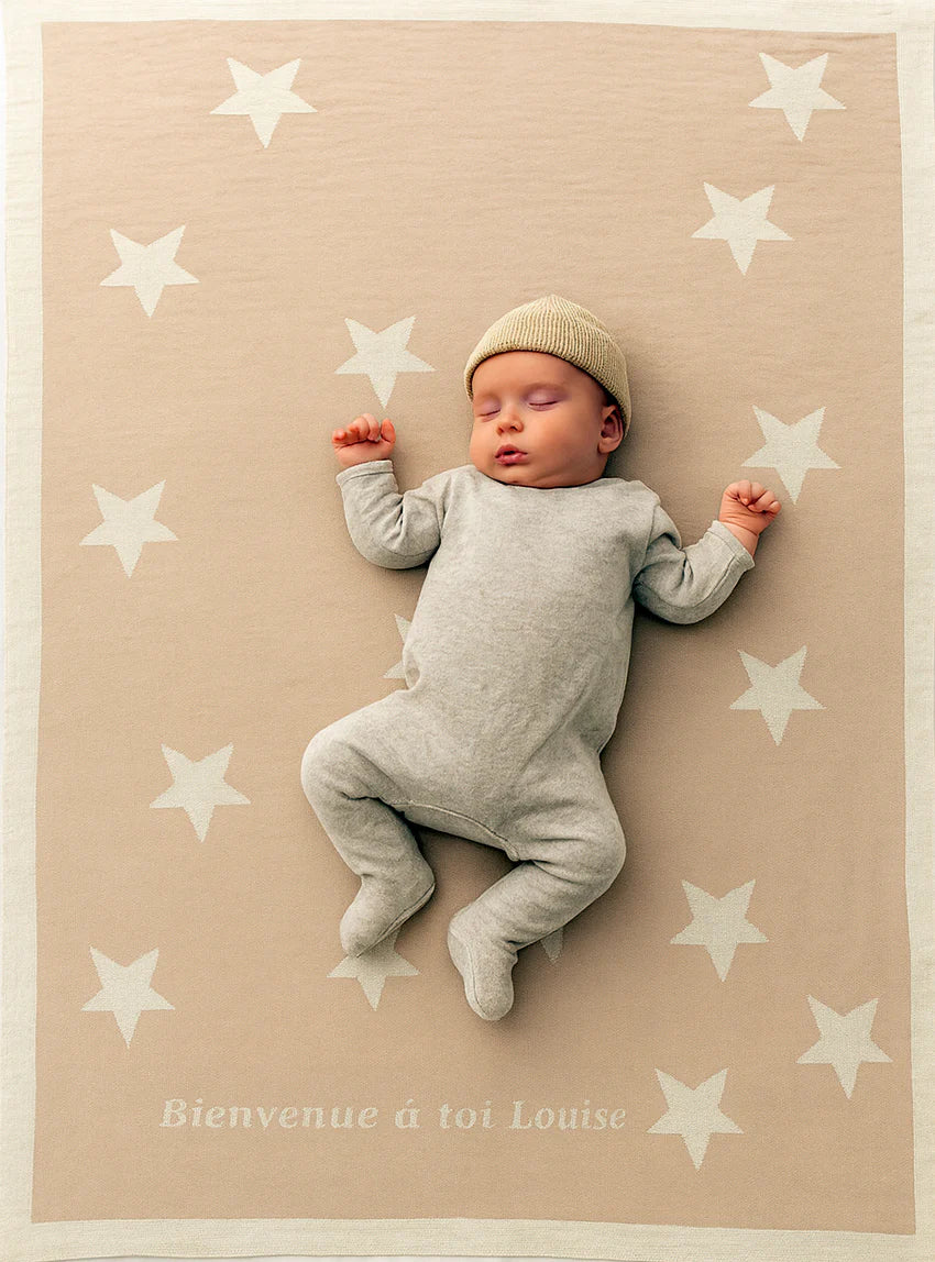 Plaid bébé étoiles 100% laine beige pastel
