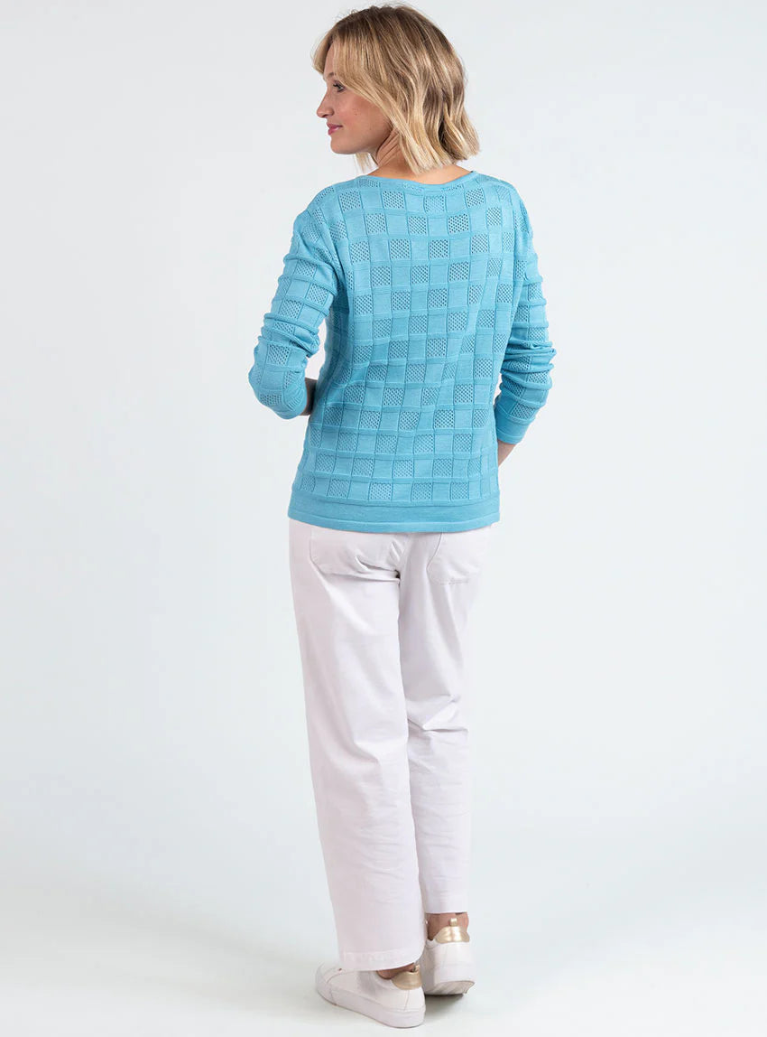 Pull femme ajouré en coton bleu turquoise