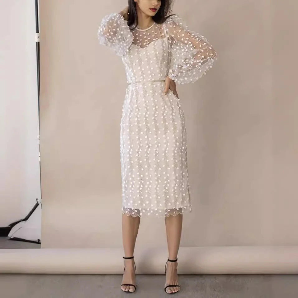 Robe à manches bouffantes en tulle brodé de fleurs pour femmes