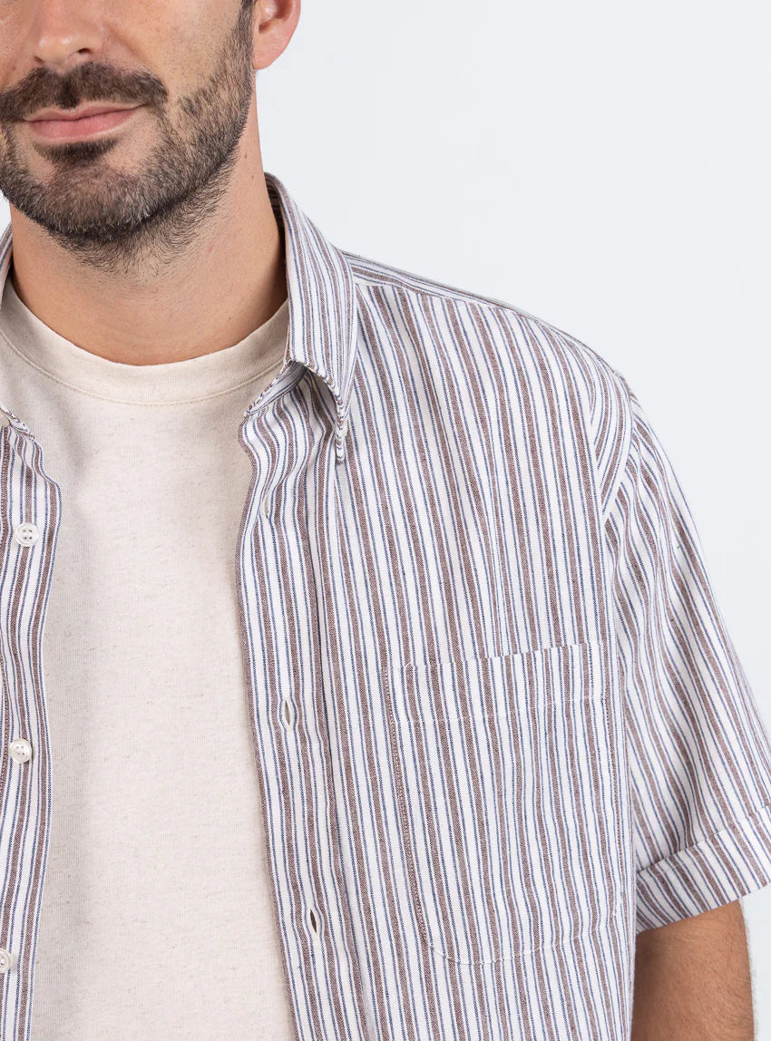 Chemise estivale homme coton rayé marron