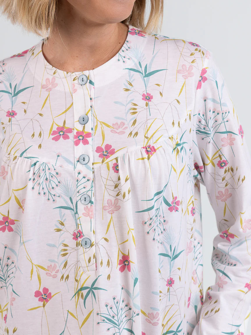 Chemise de nuit femme en coton floral rose poudre
