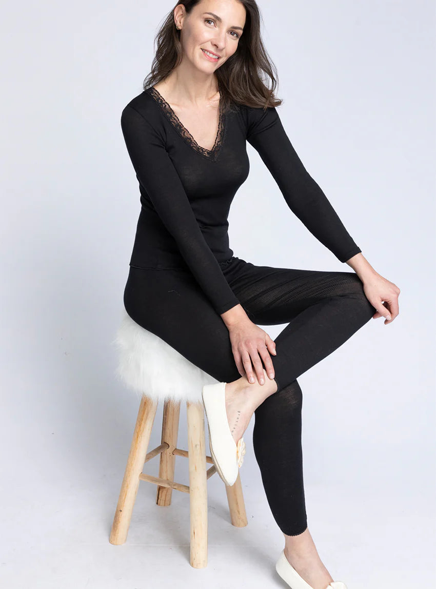 Tee-shirt manches longues femme laine et soie fine broderie noir