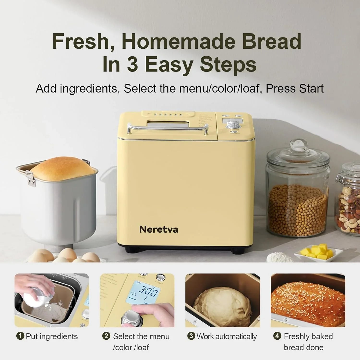 Neretva Bread Maker 20-in-1 2LB Bread Maker Dual Heater Bread Maker Automatic Ceramic Pan